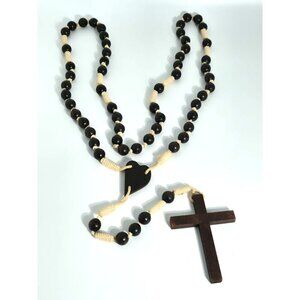 Handcrafted Wooden Rosary Necklace With Heart & Cross Design